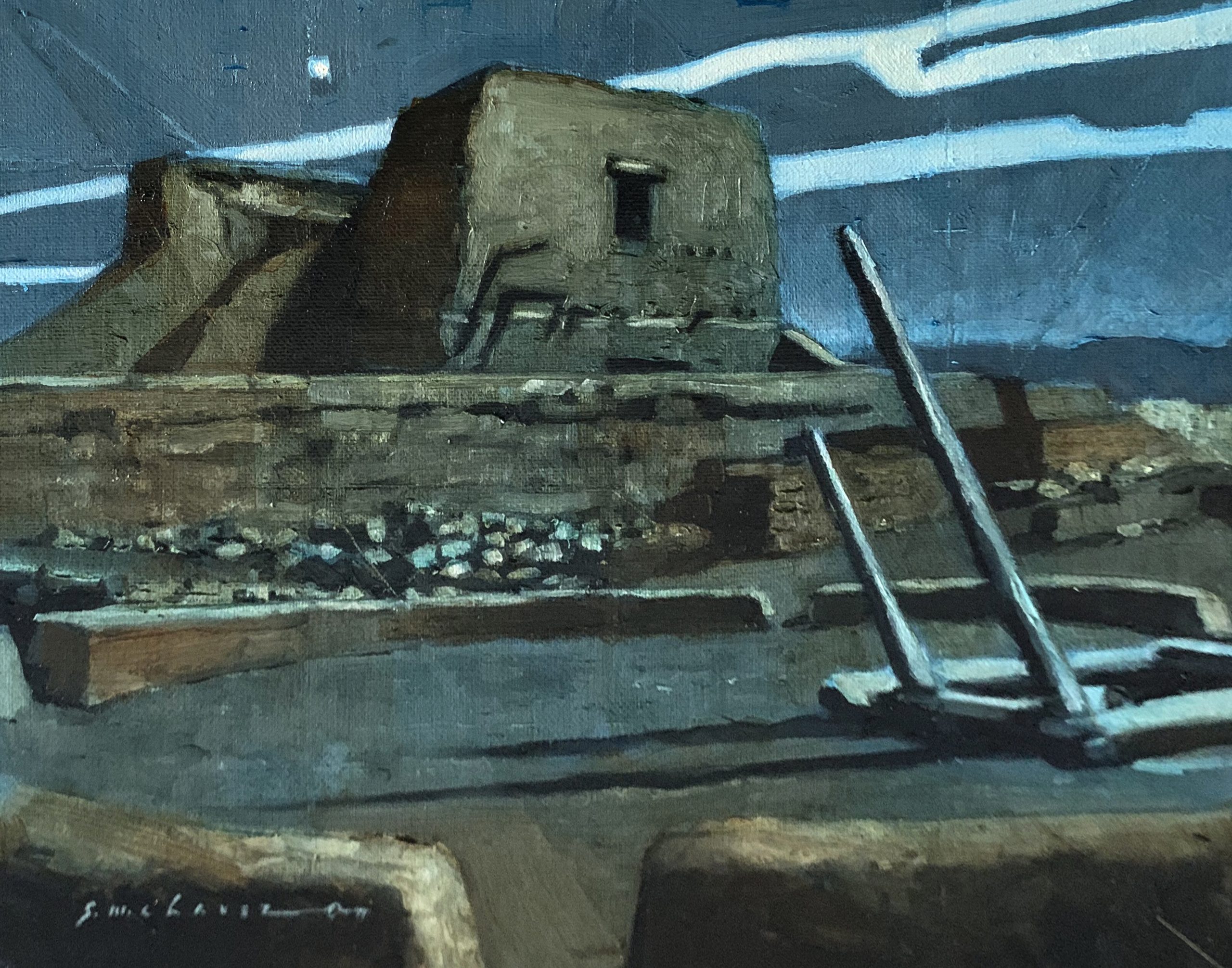 Oil painting of Pecos Spanish Mission at night