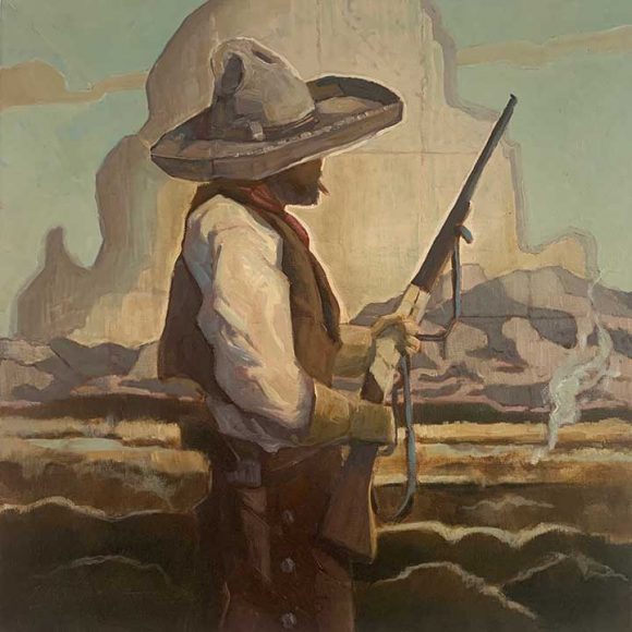Painting of a vaquero with a long gun looking into the landscape