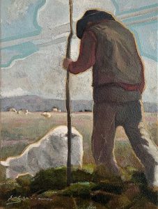 Painting of an indigenous person herding sheep