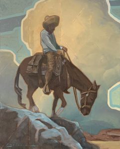 Painting of Vaquero going down rocky hill on mule