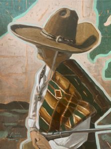 Painting of a western vaquero holding a long gun